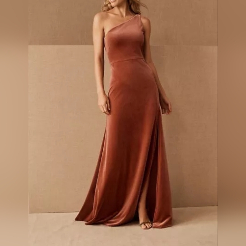 Jenny Yoo Cybill One-Shoulder Side-Slit Stretch Velvet Gown, ENGLISH ROSE sz 26